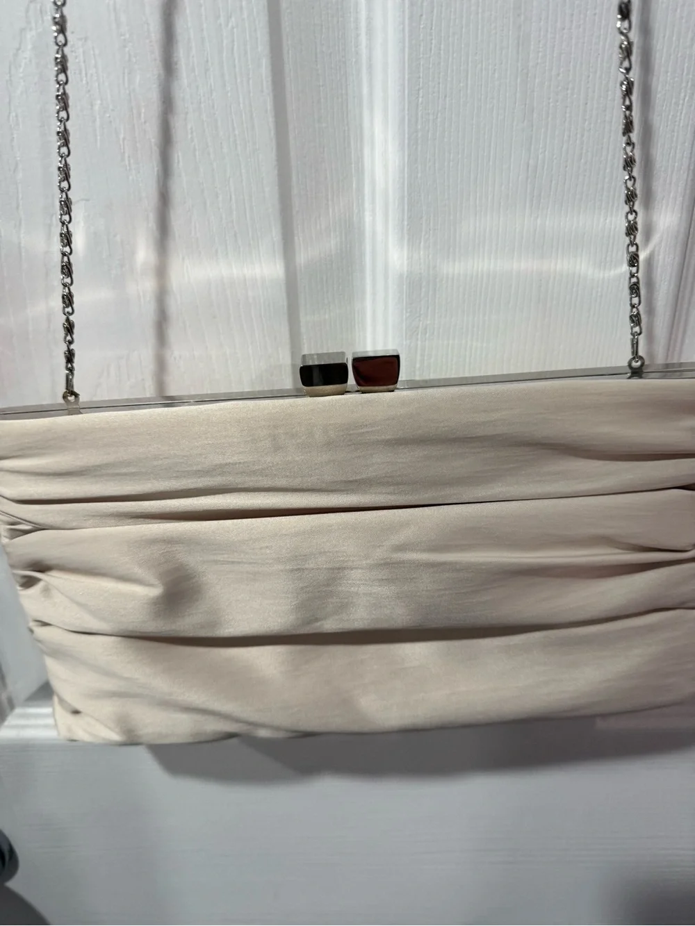 Lulu Townsend Elegant Cream Ruched Evening Clutch with Chain Strap